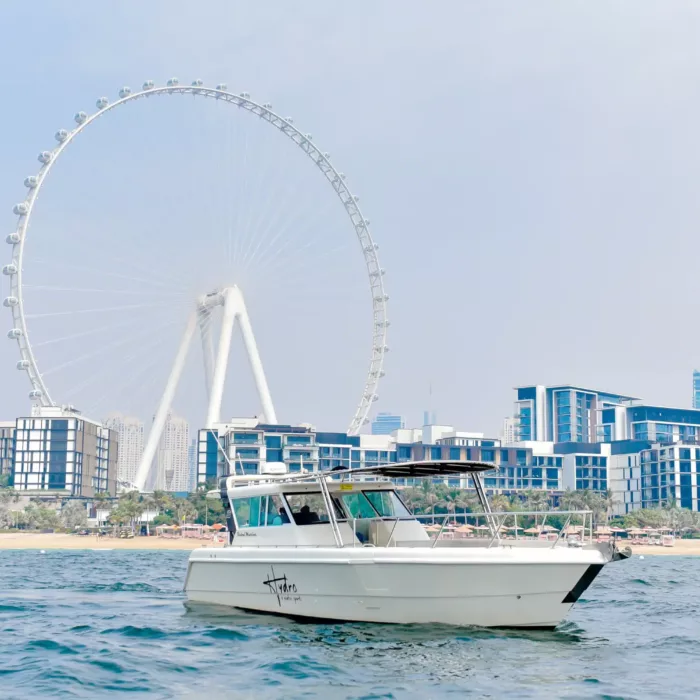 Mini yacht cruising in front of Ain Dubai