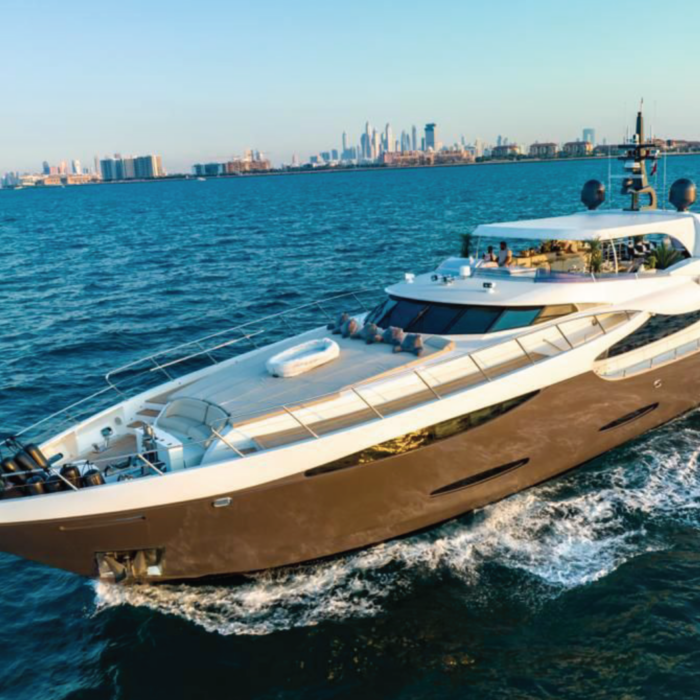 110ft private yacht cruising on Dubai’s waters, accommodating up to 25 guests