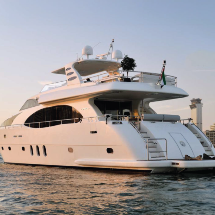 A scenic view of the spacious 90ft yacht with Dubai’s skyline in the background